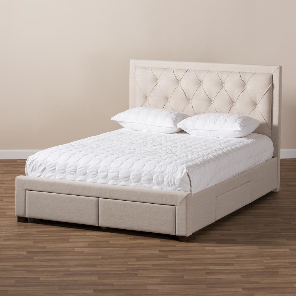 Light Beige Fabric Upholstered King Size Storage Bed