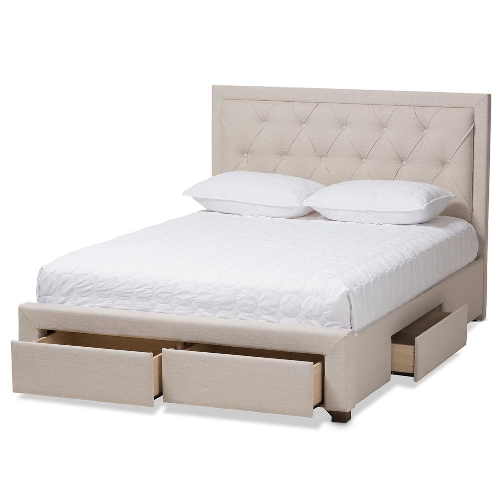 Light Beige Fabric Upholstered King Size Storage Bed