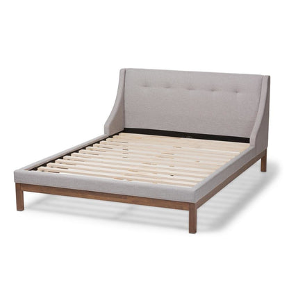 Greyish Beige Fabric Upholstered Walnut-Finished Queen Sized Platform Bed