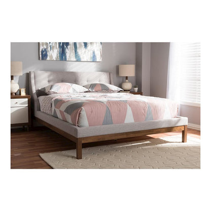 Greyish Beige Fabric Upholstered Walnut-Finished Queen Sized Platform Bed