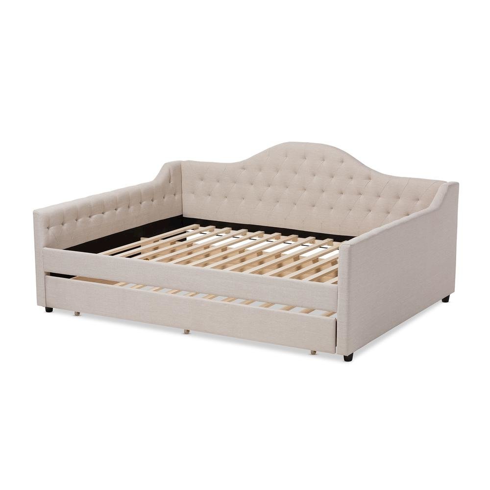 Light Beige Fabric Upholstered Queen Size Daybed with Trundle