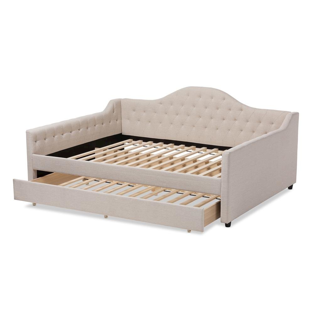 Light Beige Fabric Upholstered Queen Size Daybed with Trundle