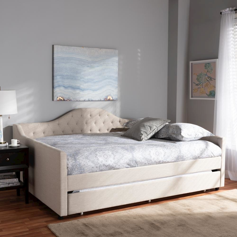 Light Beige Fabric Upholstered Queen Size Daybed with Trundle