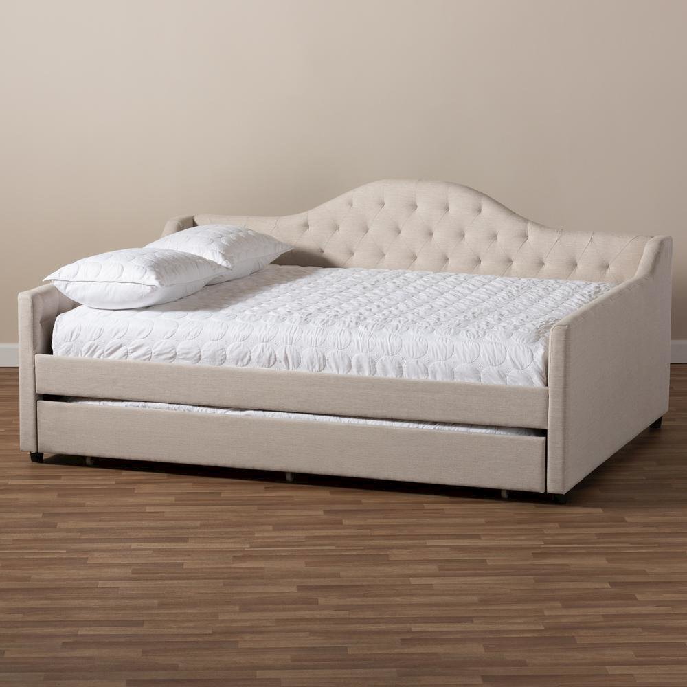 Light Beige Fabric Upholstered Queen Size Daybed with Trundle