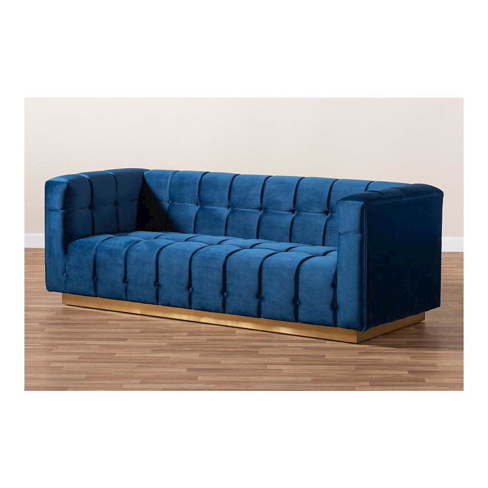 Luxe Navy Blue Velvet Fabric Upholstered Brushed Gold Finished Sofa
