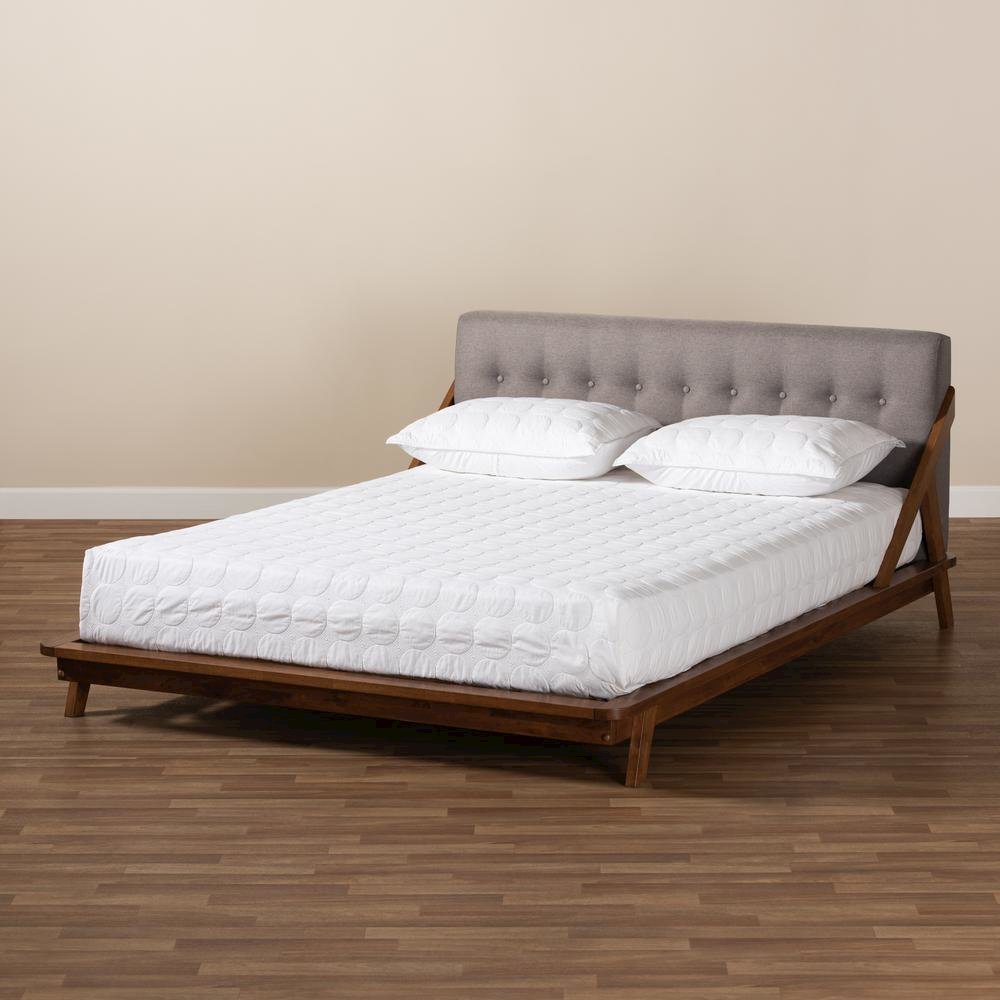 Sante Mid-Century Modern Grey Fabric Upholstered Wood Queen Size Platform Bed
