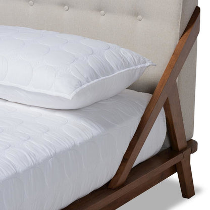 Light Beige Fabric Upholstered Wood Queen Size Platform Bed