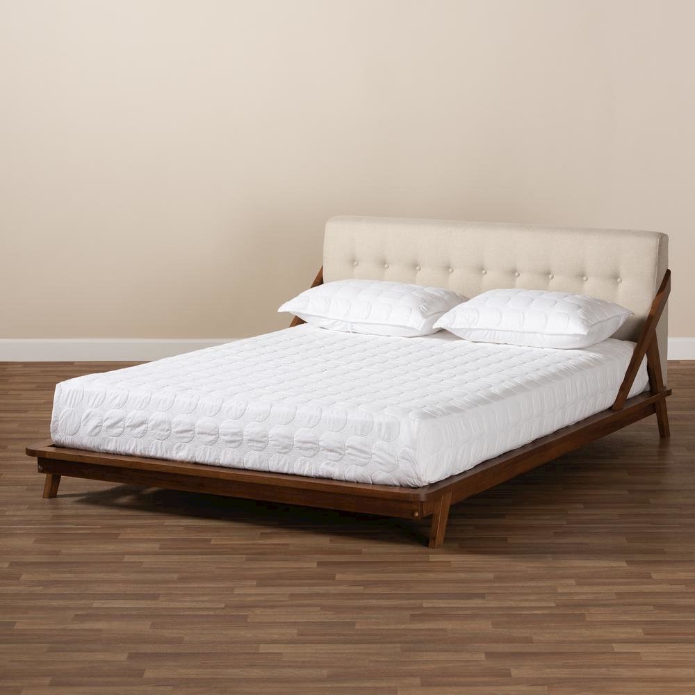 Light Beige Fabric Upholstered Wood Queen Size Platform Bed