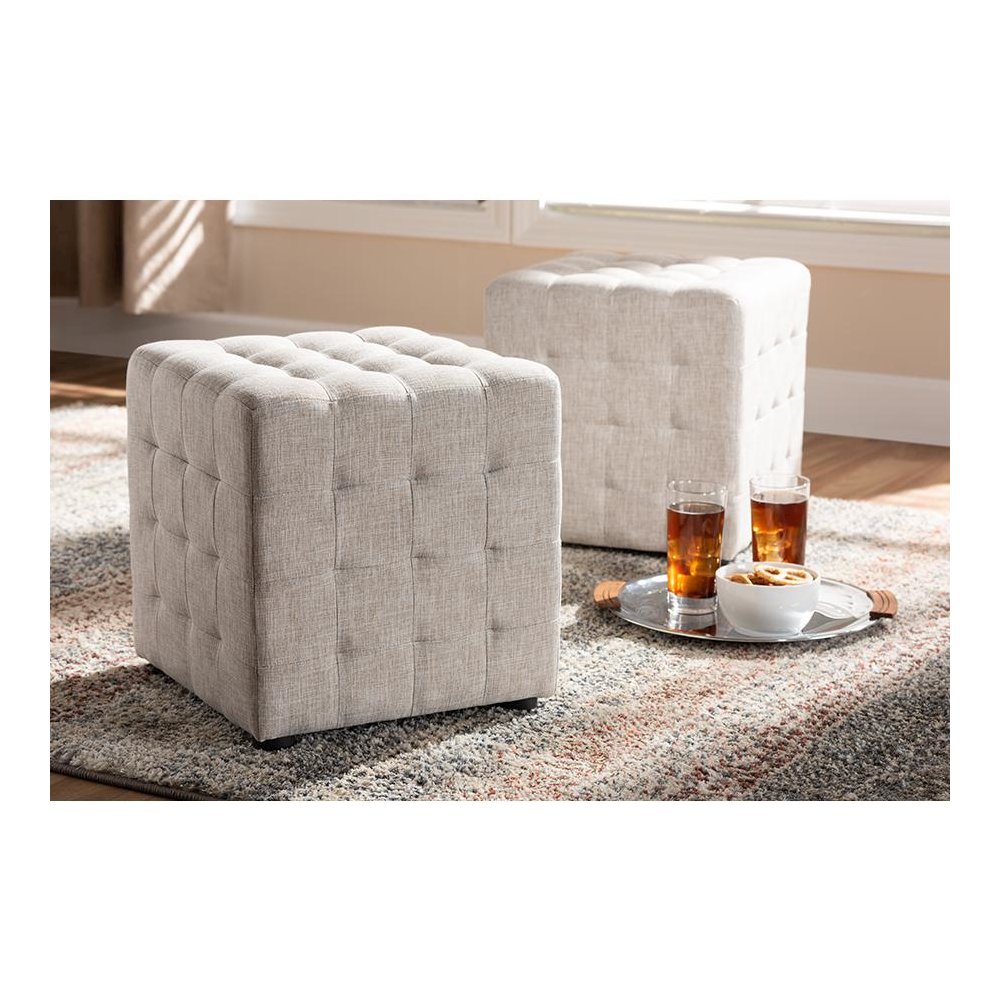 Beige Fabric Upholstered Tufted Cube Ottoman Set of 2