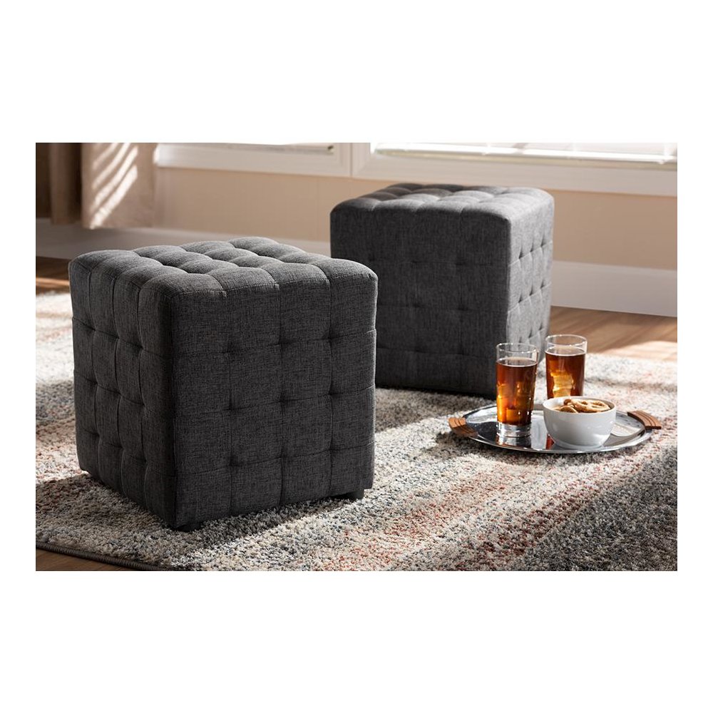 Dark Grey Fabric Upholstered Tufted Cube Ottoman Set of 2