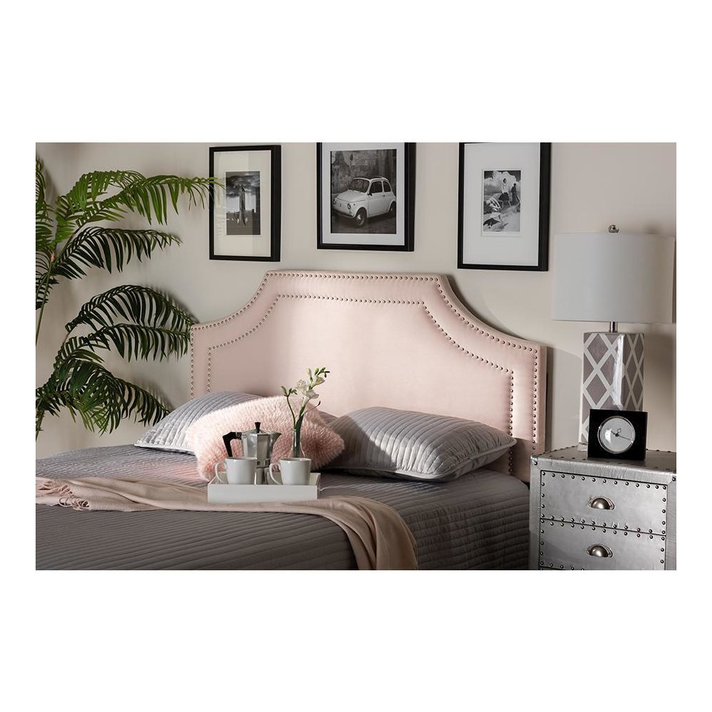 Light Pink Velvet Fabric Upholstered Queen Size Headboard