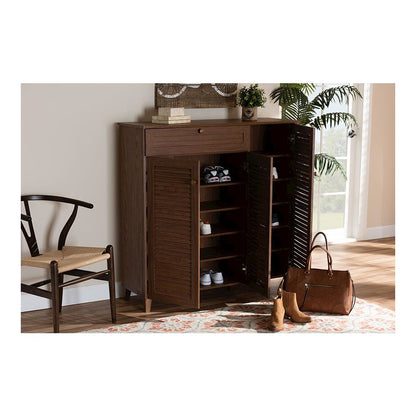 Walnut Finished 11-Shelf Wood Shoe Storage Cabinet with Drawer