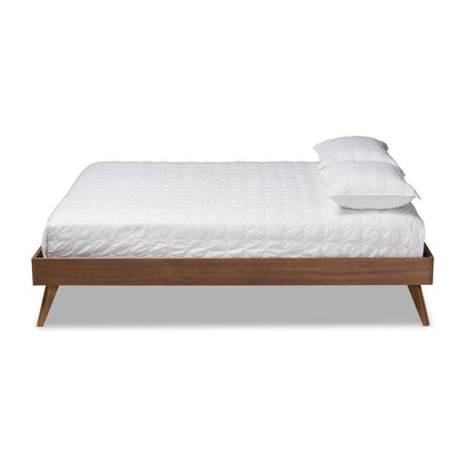 Mid-Century Modern Walnut Brown Finished Wood Queen Size Platform Bed Frame
