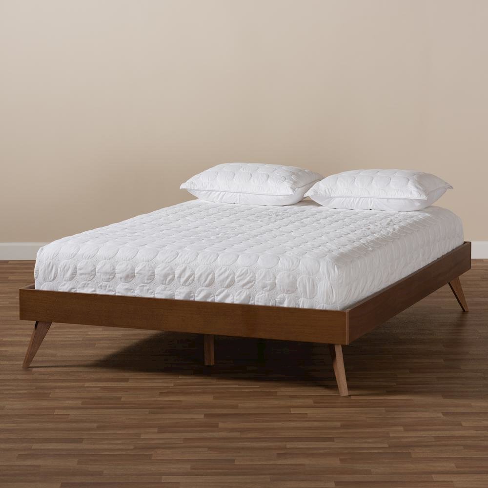 Mid-Century Modern Walnut Brown Finished Wood Queen Size Platform Bed Frame