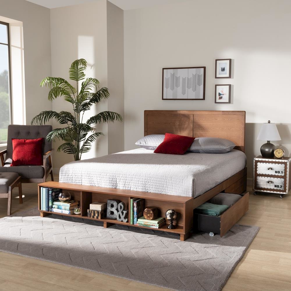Finished Wood Queen Size 4-Drawer Platform Storage Bed with Built-In Shelves