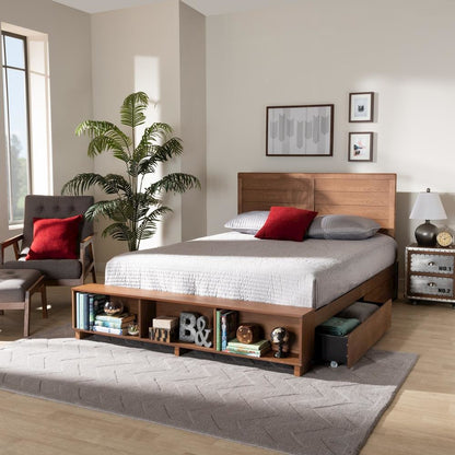 Finished Wood Queen Size 4-Drawer Platform Storage Bed with Built-In Shelves