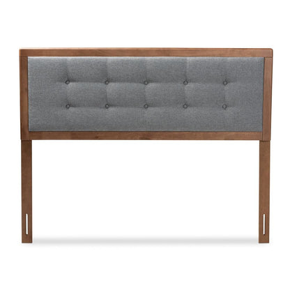 Dark Grey Fabric Upholstered Walnut Brown Finished Wood Queen Size Headboard