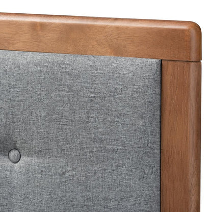 Dark Grey Fabric Upholstered Walnut Brown Finished Wood Queen Size Headboard