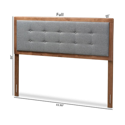 Dark Grey Fabric Upholstered Walnut Brown Finished Wood Queen Size Headboard