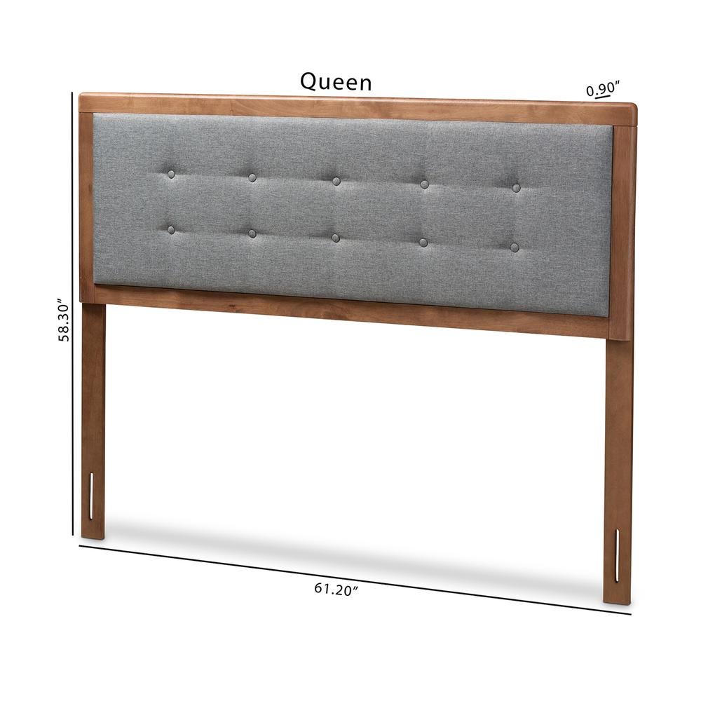 Dark Grey Fabric Upholstered Walnut Brown Finished Wood Queen Size Headboard