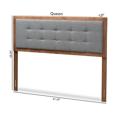 Dark Grey Fabric Upholstered Walnut Brown Finished Wood Queen Size Headboard