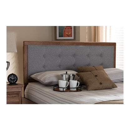 Light Grey Fabric Upholstered Walnut Brown Finished Wood Full Size Headboard