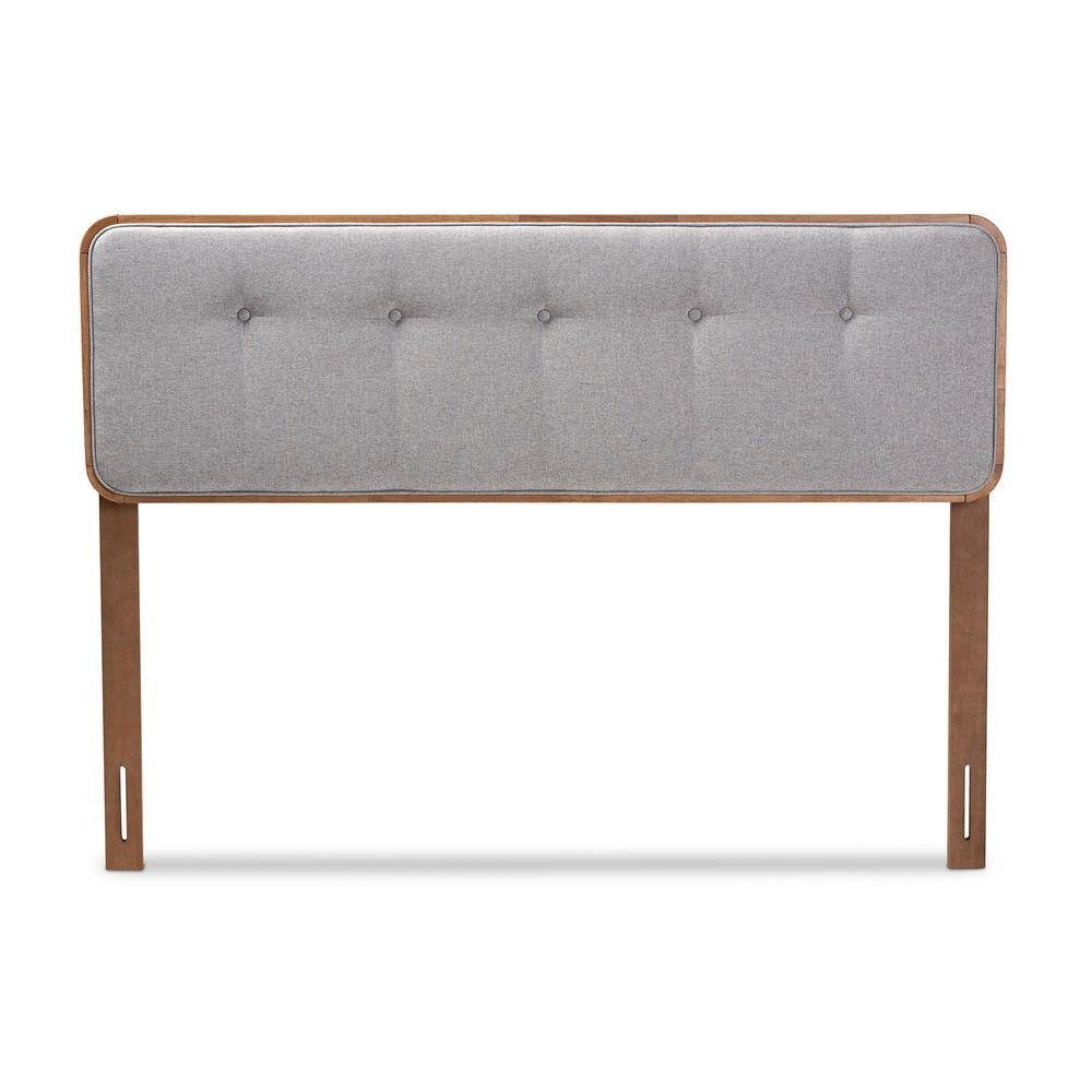 Light Grey Fabric Upholstered Walnut Brown Finished Wood Queen Size Headboard