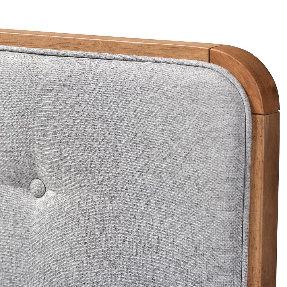 Light Grey Fabric Upholstered Walnut Brown Finished Wood Queen Size Headboard