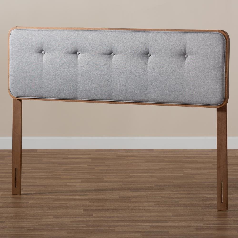 Light Grey Fabric Upholstered Walnut Brown Finished Wood Queen Size Headboard