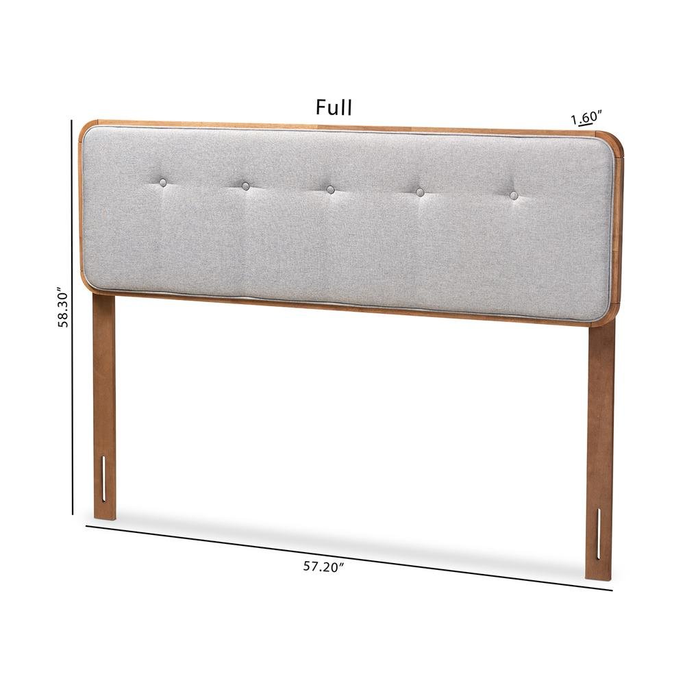 Light Grey Fabric Upholstered Walnut Brown Finished Wood Queen Size Headboard