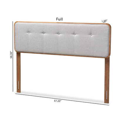 Light Grey Fabric Upholstered Walnut Brown Finished Wood Queen Size Headboard