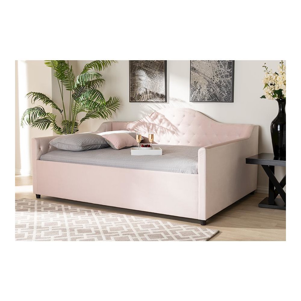 Light Pink Velvet Fabric Upholstered and Button Tufted Queen Size Daybed