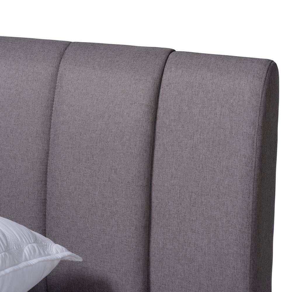 Grey Fabric Upholstered Walnut Finished Wood King Size Bed