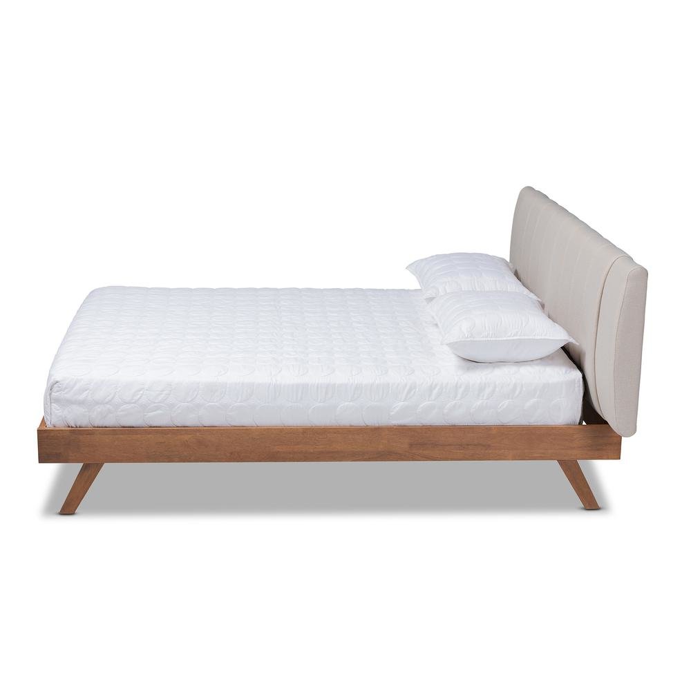 Light Beige Fabric Upholstered Walnut Finished Wood King Size Bed