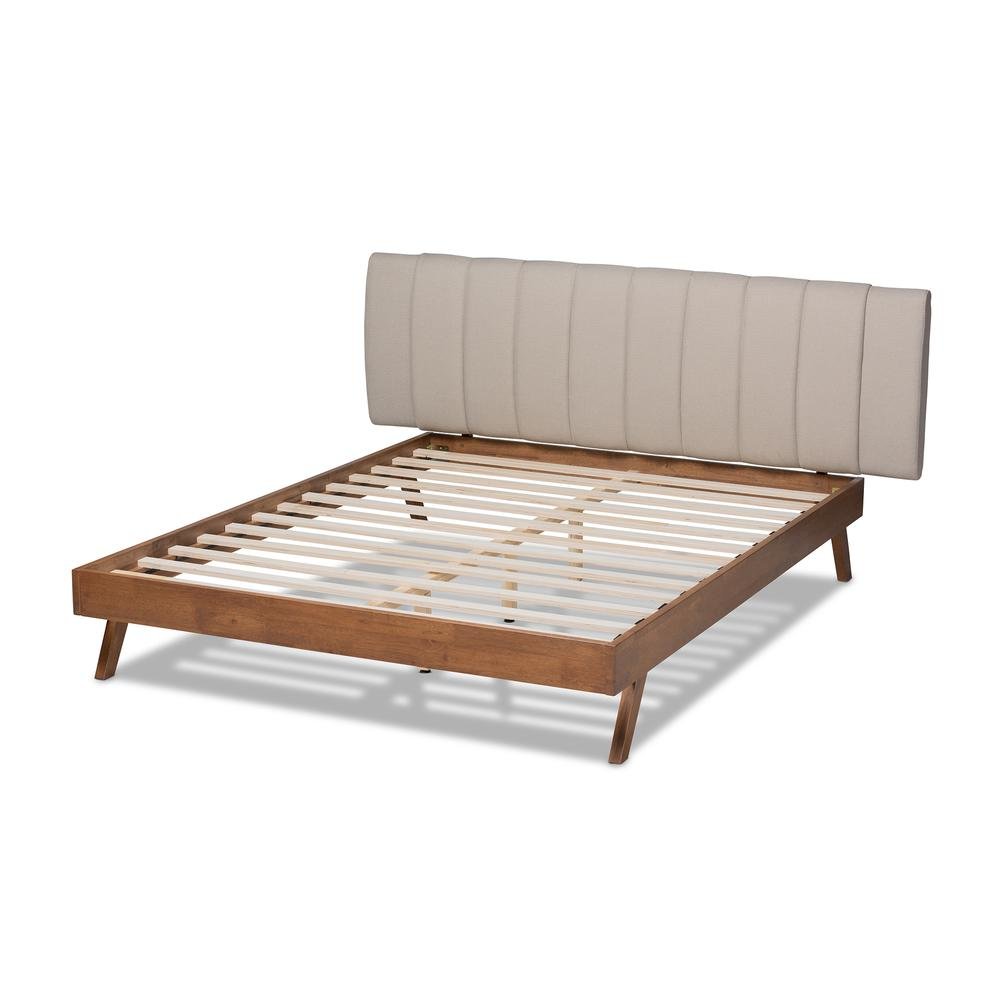 Light Beige Fabric Upholstered Walnut Finished Wood King Size Bed