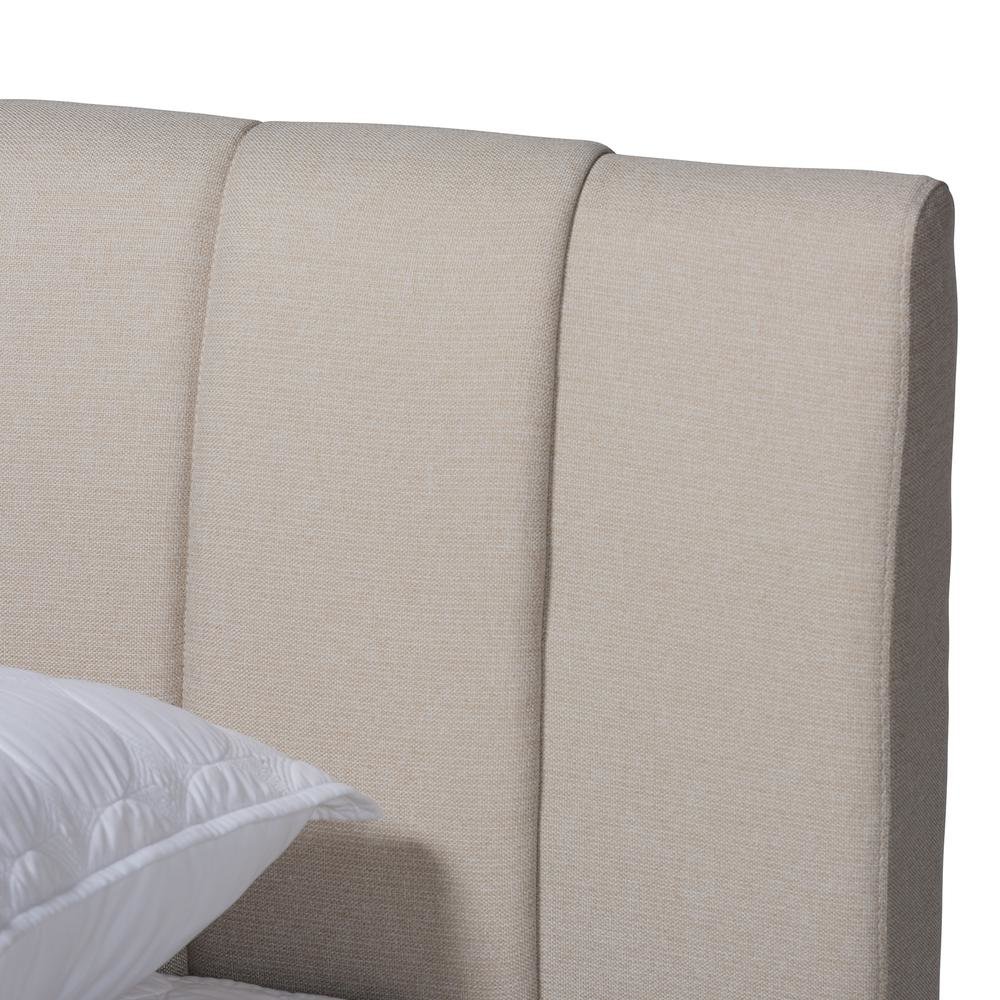 Light Beige Fabric Upholstered Walnut Finished Wood King Size Bed