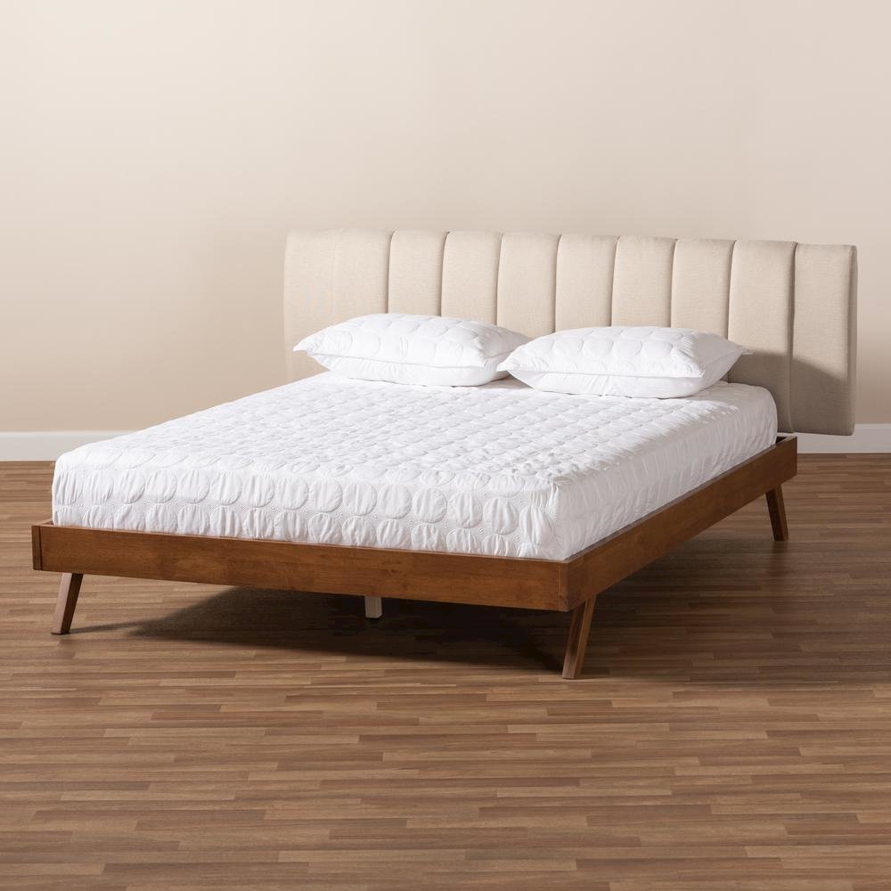 Light Beige Fabric Upholstered Walnut Finished Wood King Size Bed