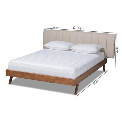 Light Beige Fabric Upholstered Walnut Finished Wood King Size Bed