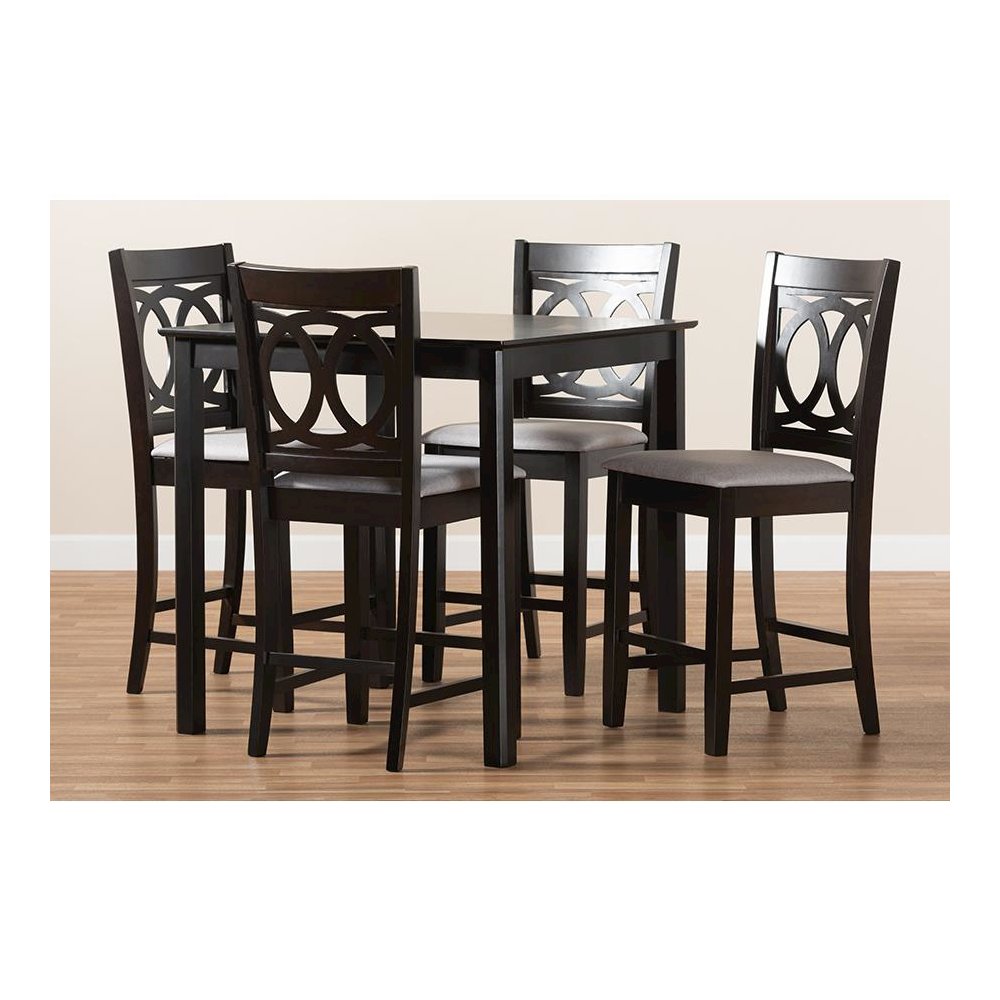 Gray Fabric Upholstered Espresso Brown Finished 5-Piece Wood Pub Set