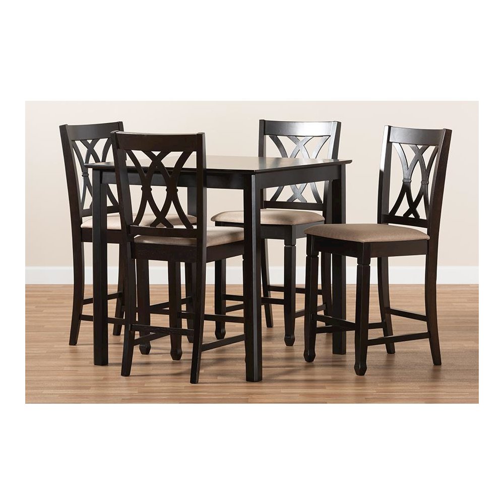 Sand Fabric Upholstered Espresso Brown Finished 5-Piece Wood Pub Set