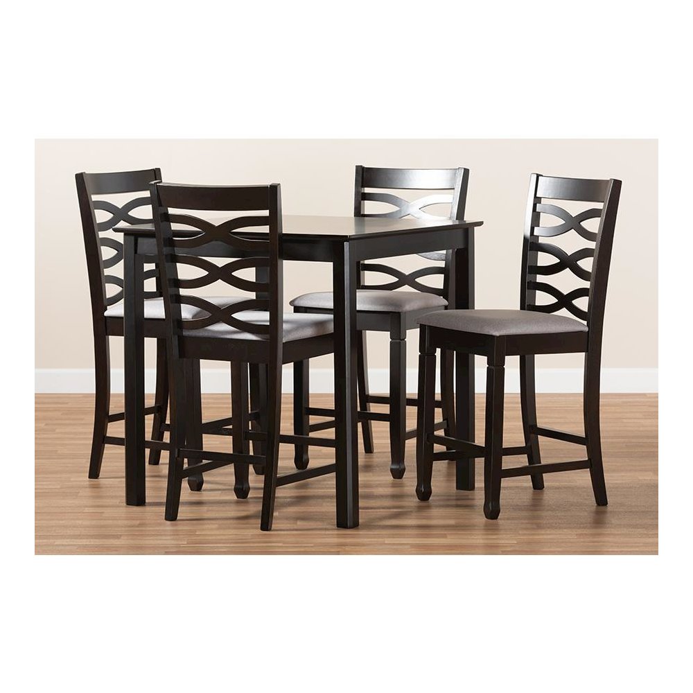 Gray Fabric Upholstered Espresso Brown Finished 5-Piece Wood Pub Set