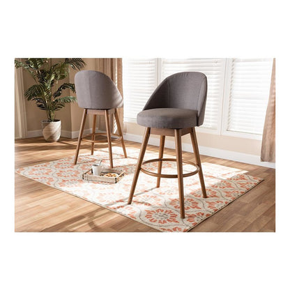 Grey Fabric Upholstered Walnut-Finished Wood Swivel Bar Stool Set of 2