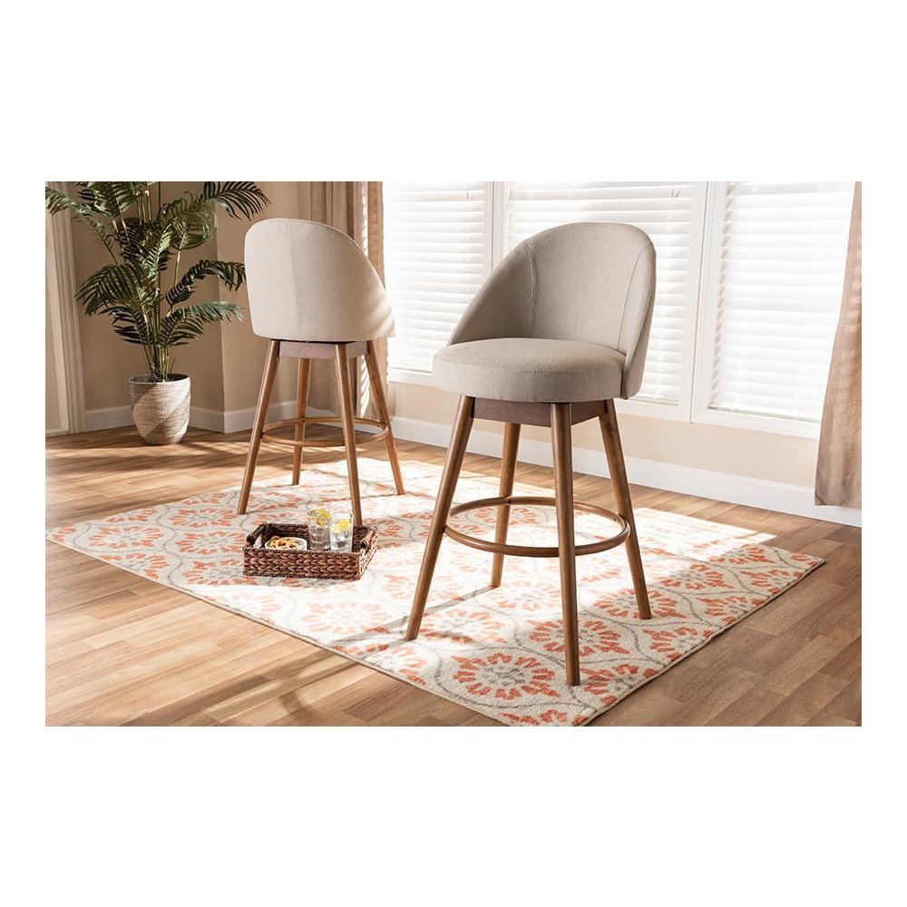 Light Beige Fabric Upholstered Walnut-Finished Wood 2-Piece Swivel Bar Stool Set