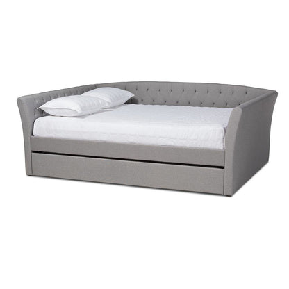 Light Grey Fabric Upholstered Queen Size Daybed with Roll-Out Trundle Bed