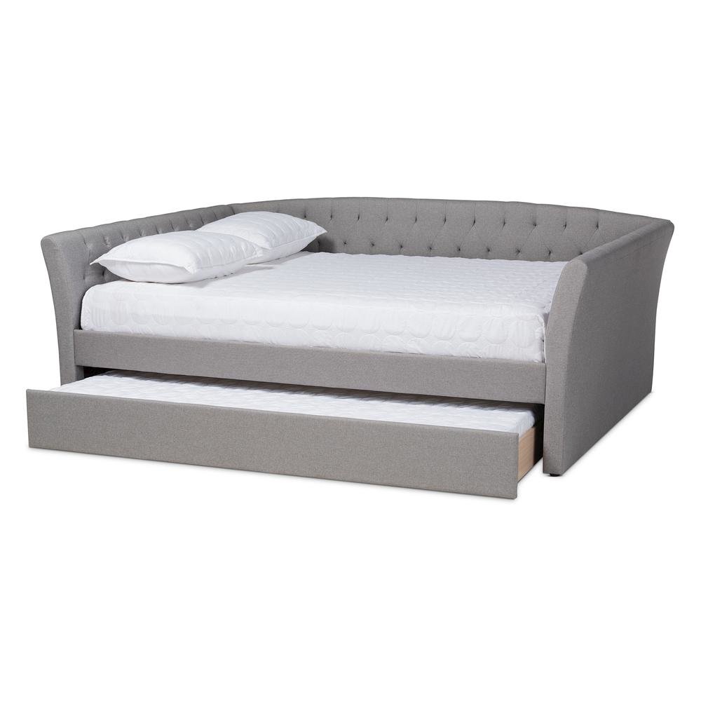 Light Grey Fabric Upholstered Queen Size Daybed with Roll-Out Trundle Bed