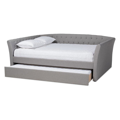 Light Grey Fabric Upholstered Queen Size Daybed with Roll-Out Trundle Bed