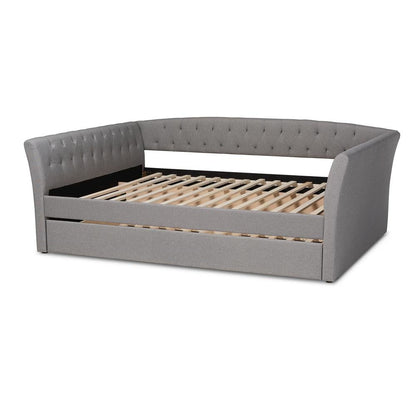 Light Grey Fabric Upholstered Queen Size Daybed with Roll-Out Trundle Bed