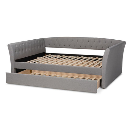 Light Grey Fabric Upholstered Queen Size Daybed with Roll-Out Trundle Bed