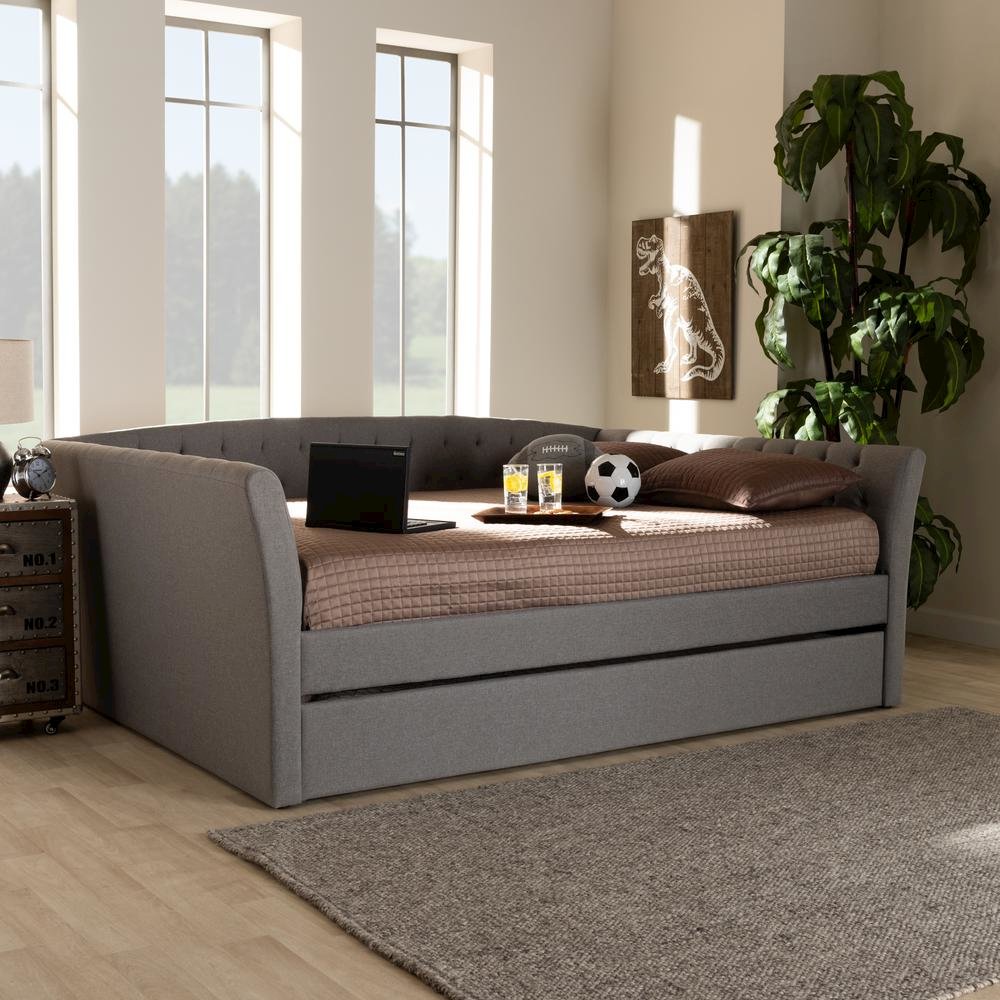 Light Grey Fabric Upholstered Queen Size Daybed with Roll-Out Trundle Bed