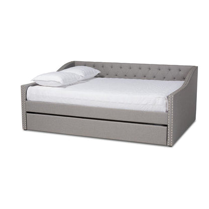 Light Grey Fabric Upholstered Queen Size Daybed with Roll-Out Trundle Bed